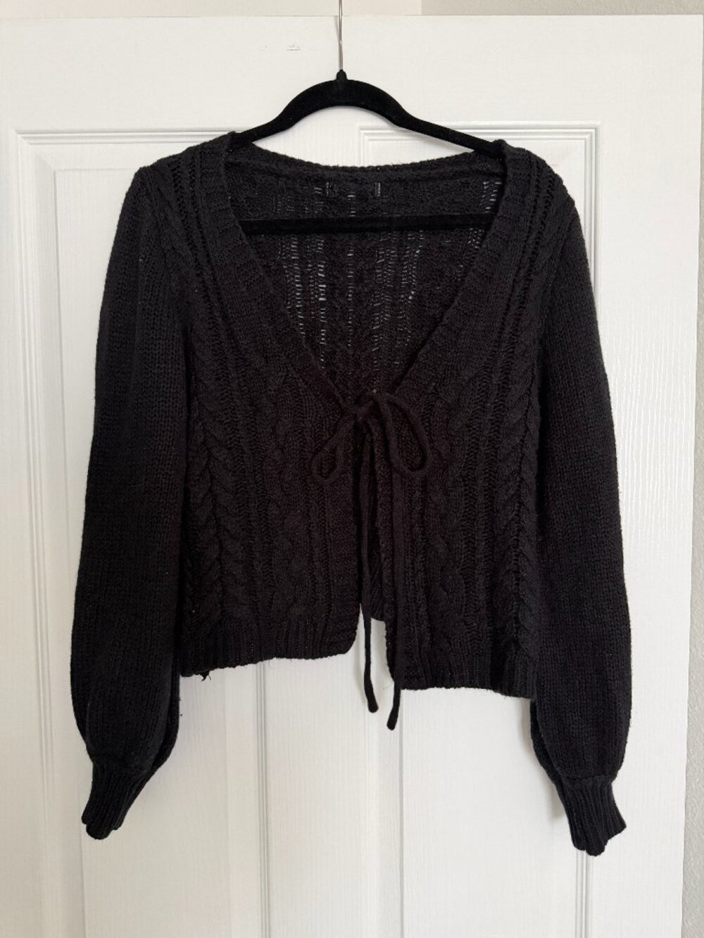 Women's Black Cable Knit Tie Front Cardigan Sweater